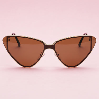 Cat-eye sunglasses with brown lenses on a white background