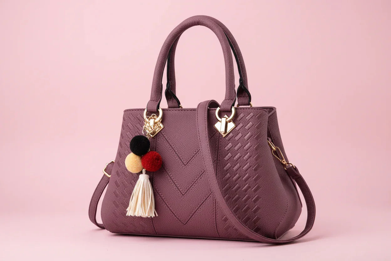 Purple handbag with decorative tassels and pom-poms on a white background