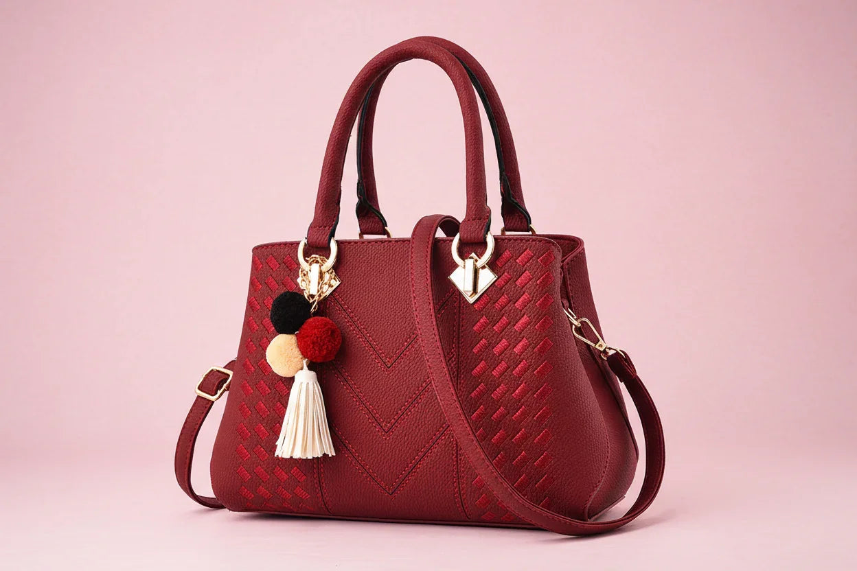 Red handbag with decorative keychain on a white background