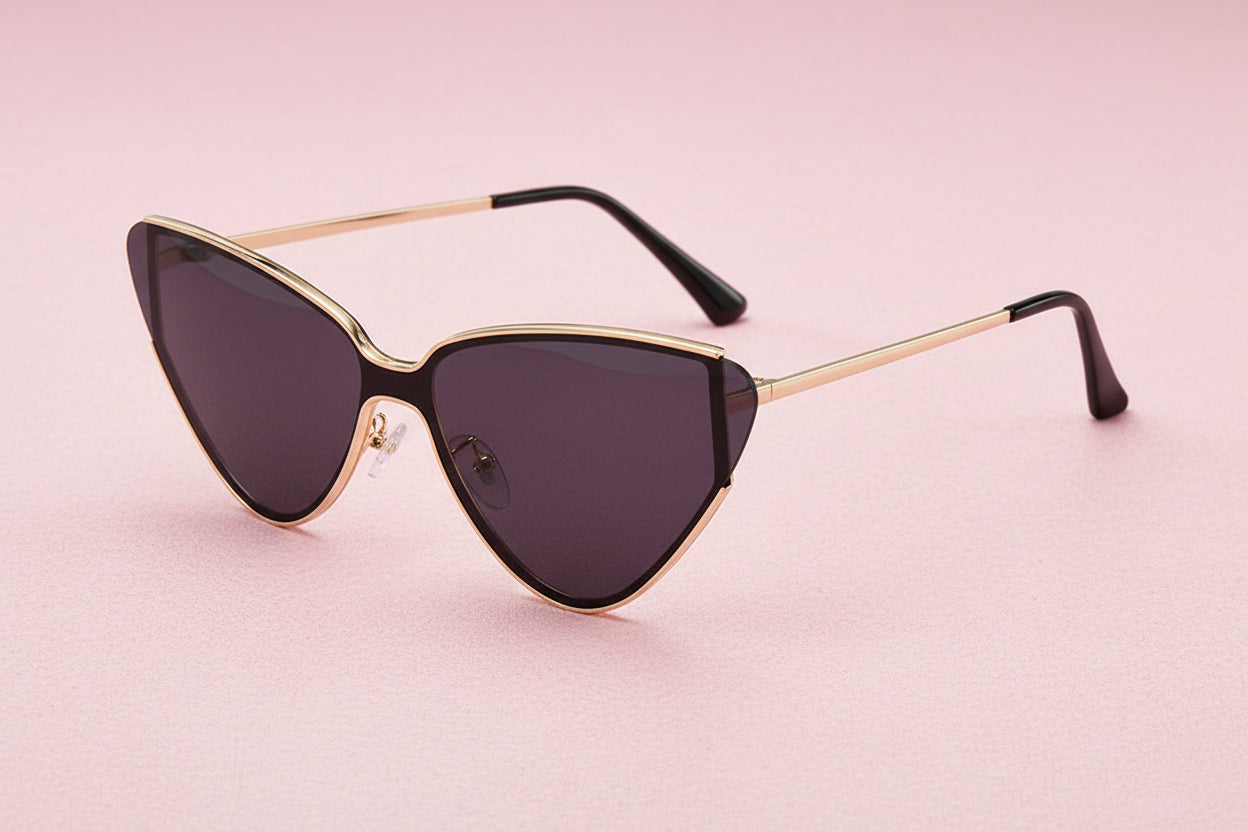 Sunglasses with gold frame and dark lenses on a white background