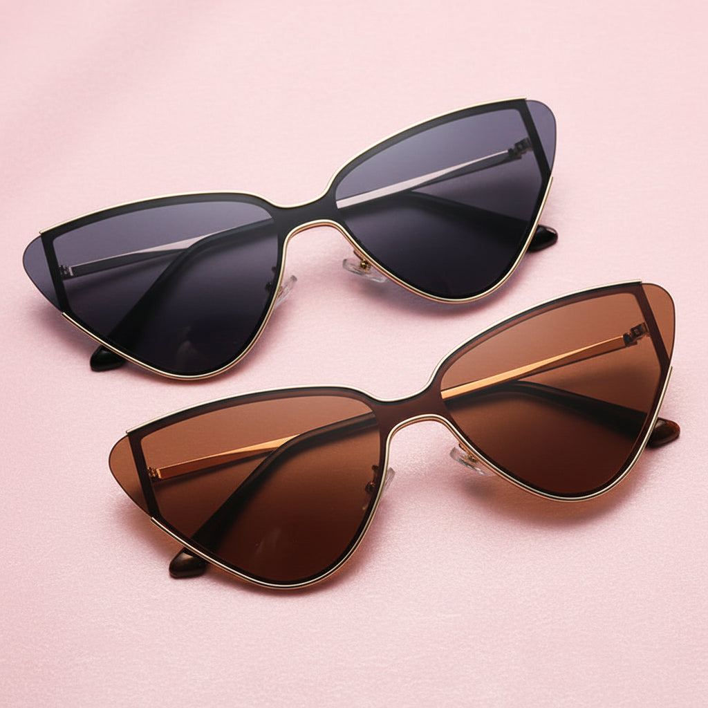 Two pairs of cat-eye sunglasses with different lens colors on a white background