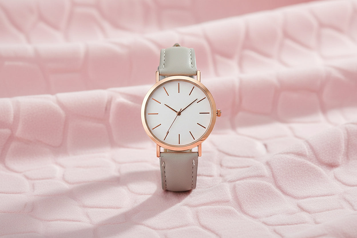 Wristwatch with rose gold case and light gray strap on white background
