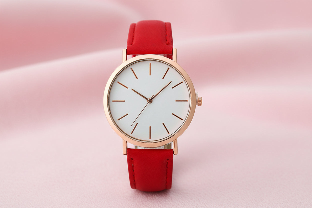 Wristwatch with red strap and rose gold case on white background