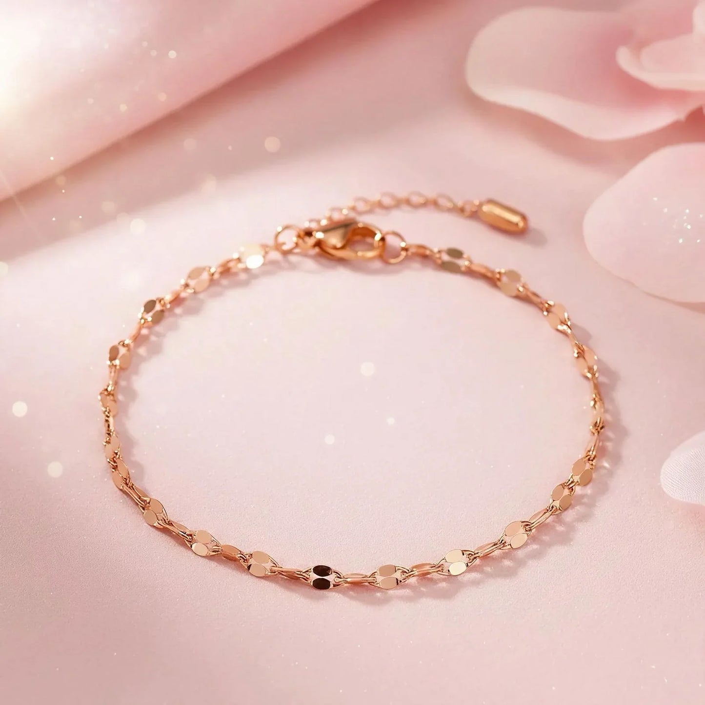 Rose gold bracelet on a soft pink background