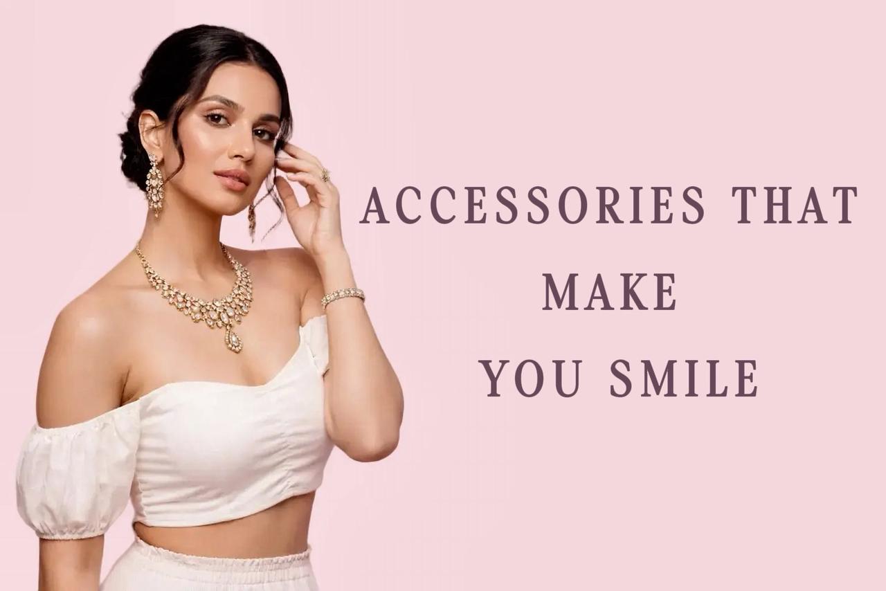 Woman wearing jewelry with text 'Accessories That Make You Smile' on a pink background