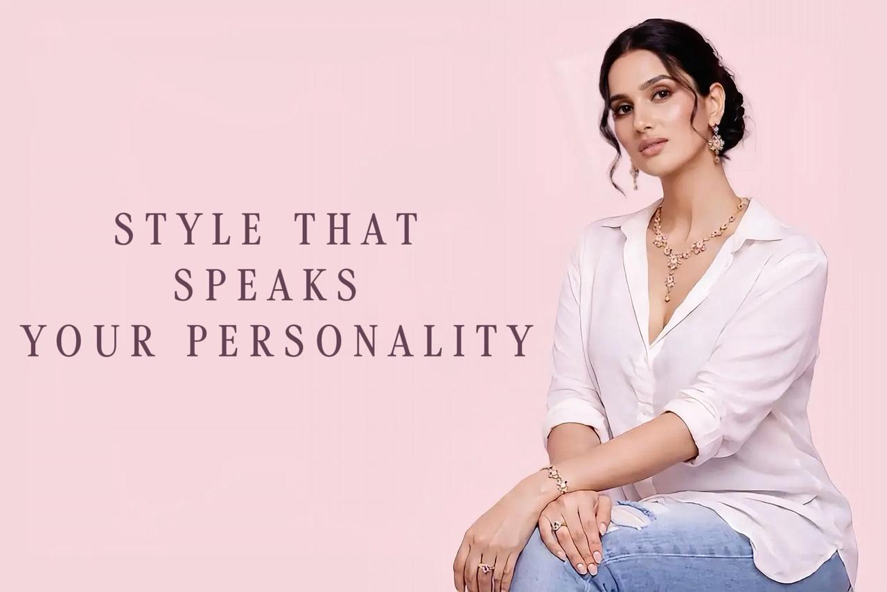 Woman wearing a white shirt and blue jeans with text 'Style that speaks your personality' on a pink background