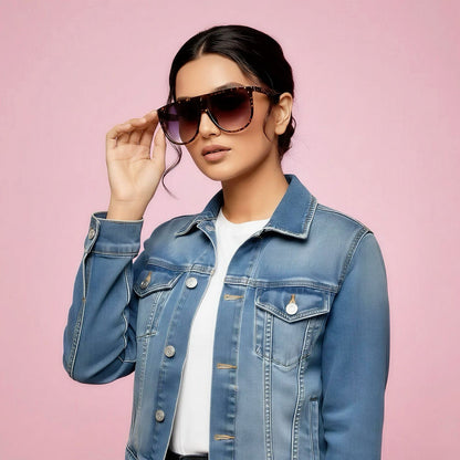 Woman wearing a denim jacket and sunglasses on a pink background