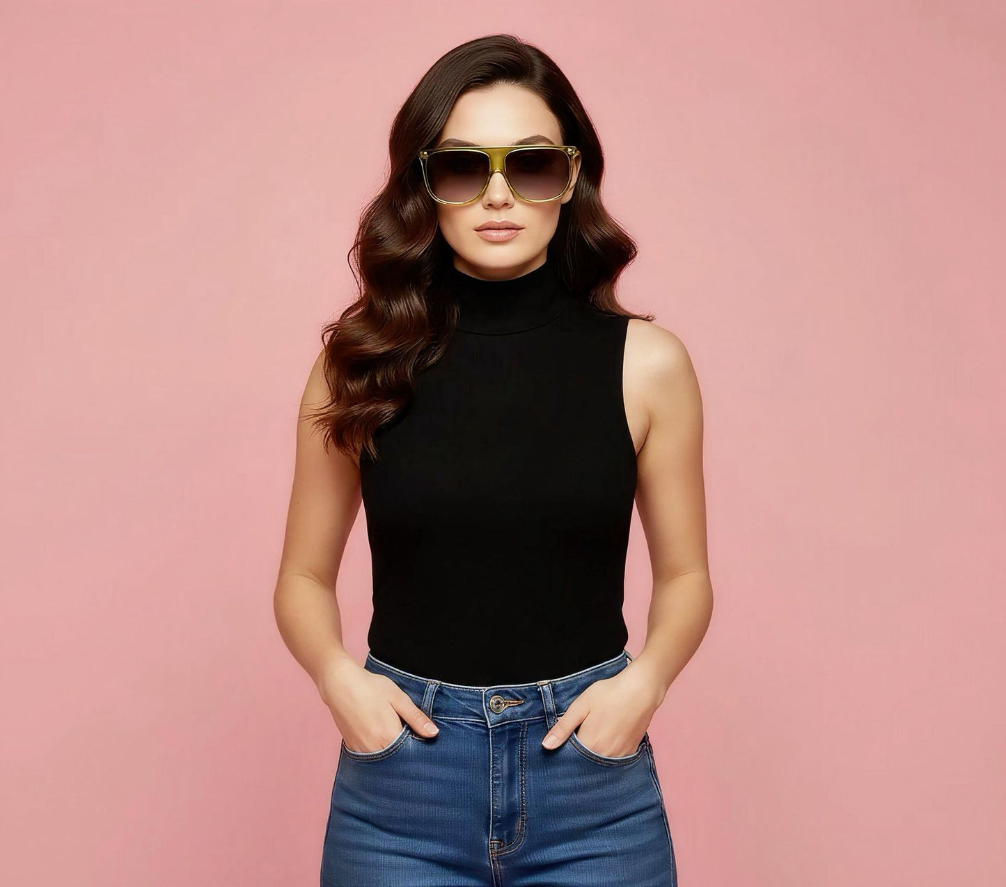Woman wearing sunglasses and a black sleeveless top against a pink background