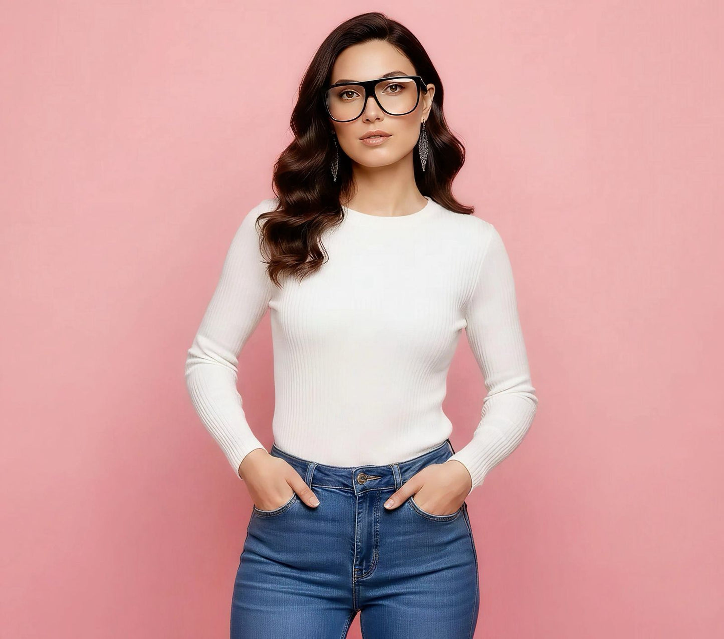 Woman wearing a white long-sleeve top and blue jeans against a pink background