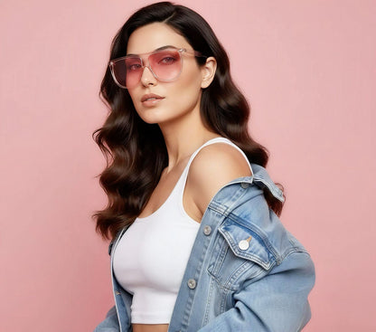 Woman wearing sunglasses and a denim jacket on a pink background