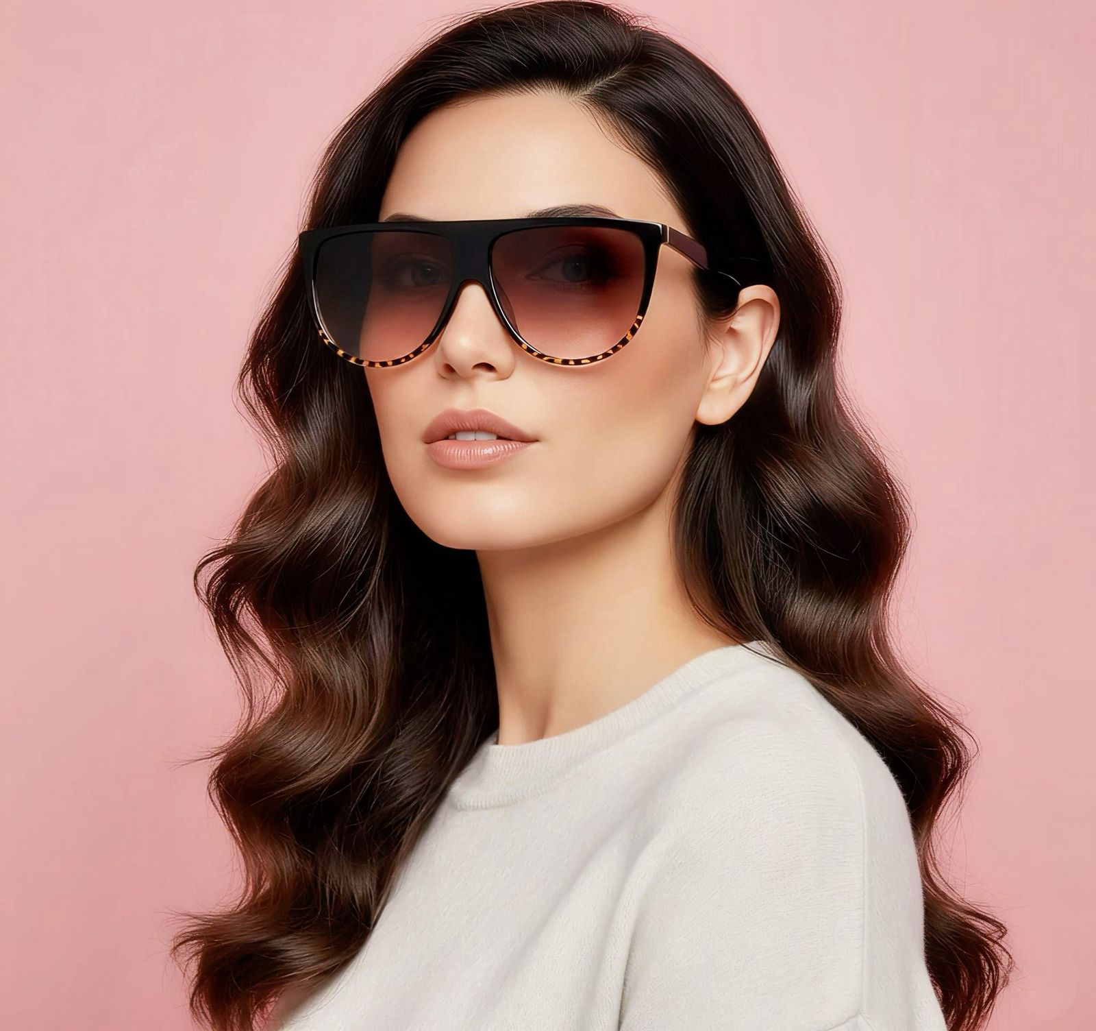 Woman wearing sunglasses with a pink background