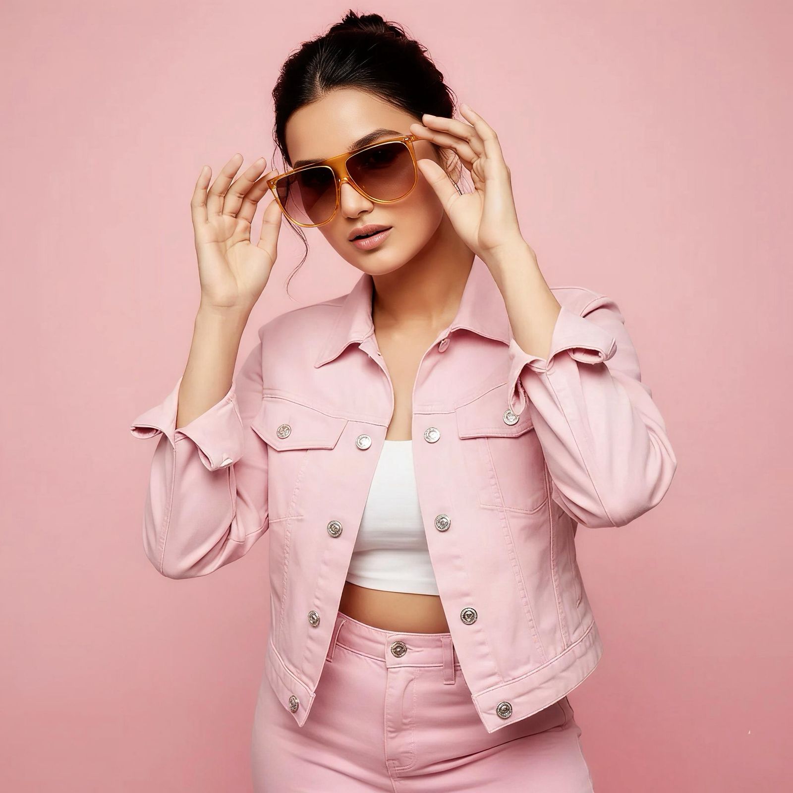 Woman wearing a pink denim outfit with sunglasses on a pink background