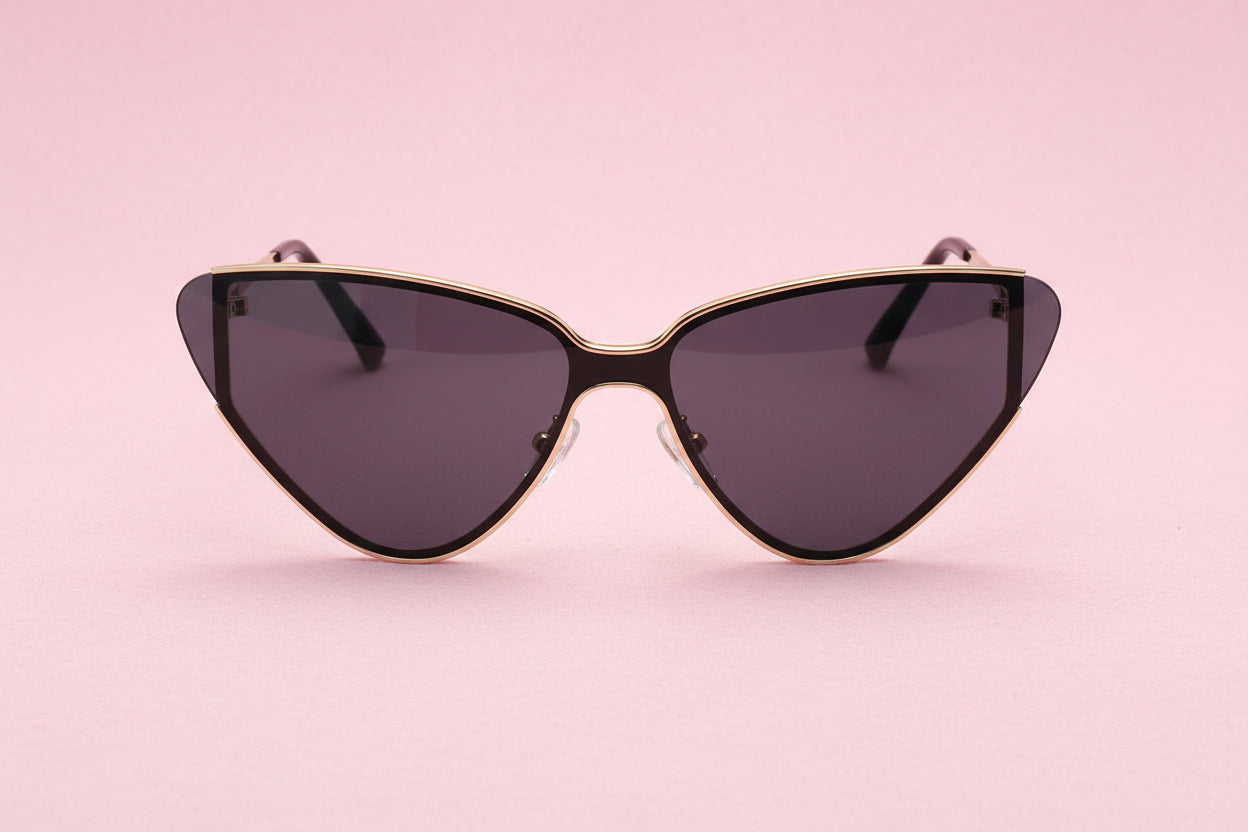Cat-eye sunglasses with gold frame and dark lenses on a white background