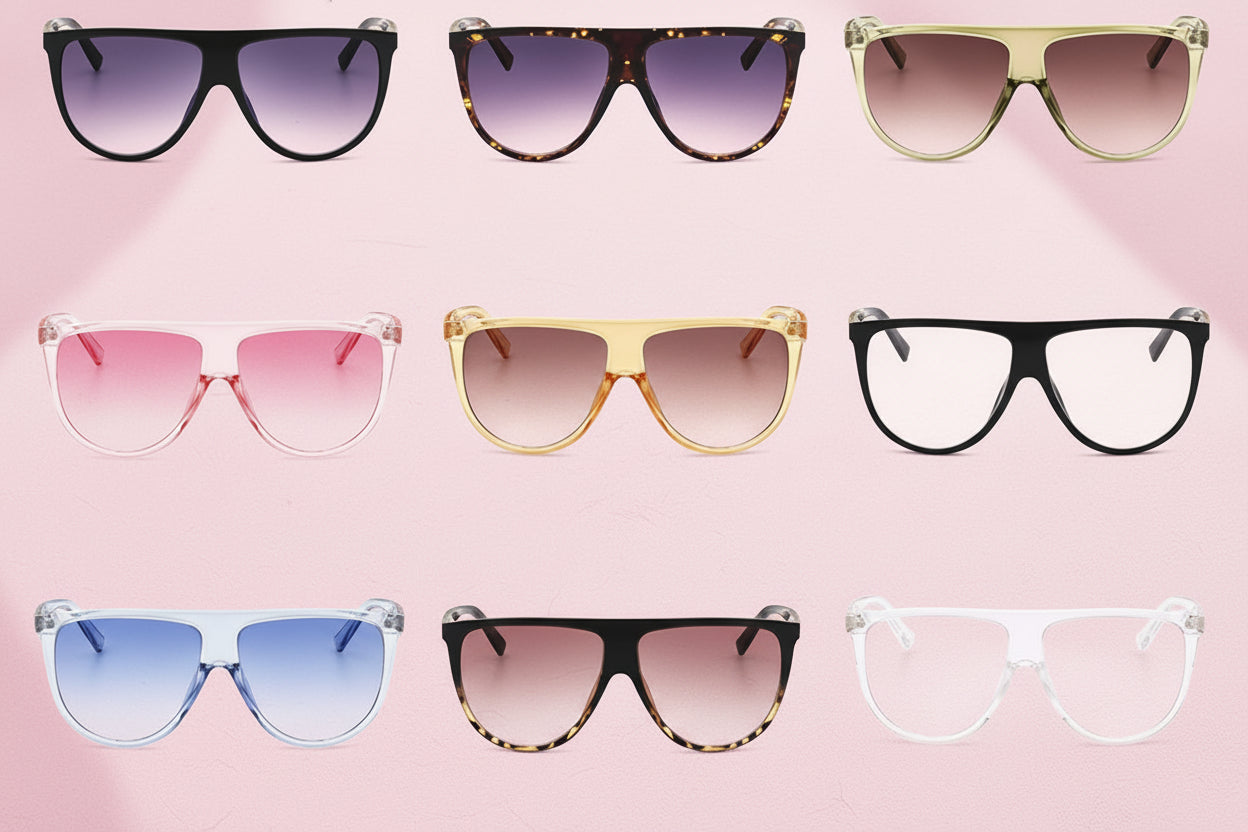 Collection of various sunglasses with different frame colors and designs on a white background