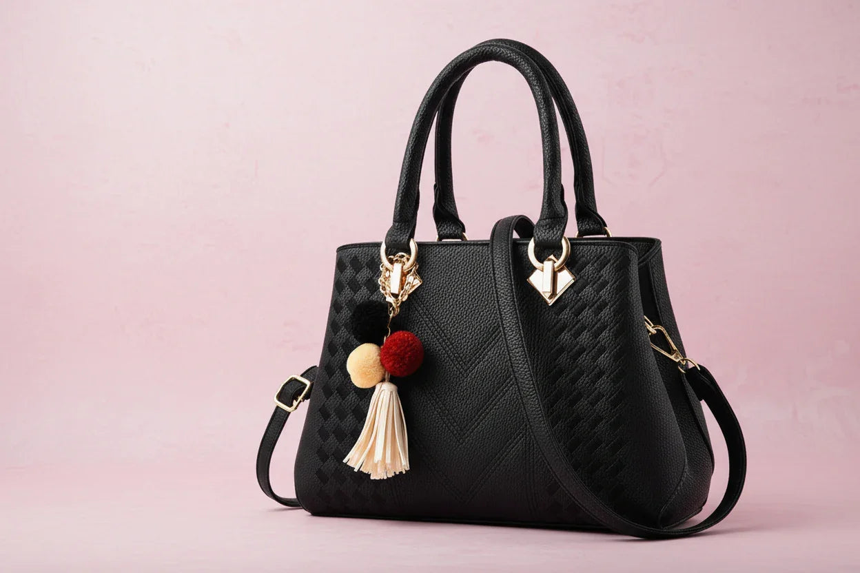 Black handbag with decorative pom-pom and tassel against a blurred architectural background