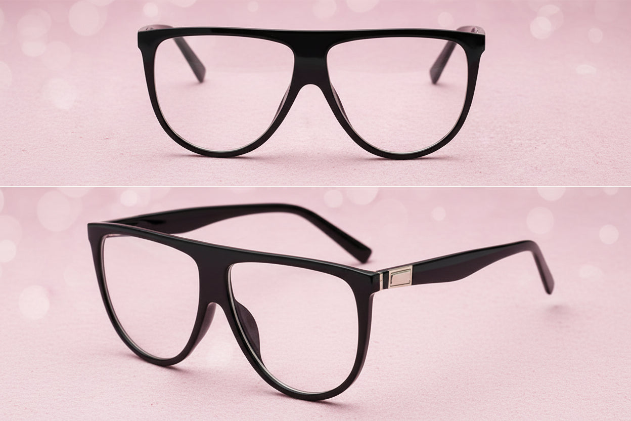 Black eyeglasses shown from two angles on a white background
