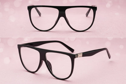 Black eyeglasses shown from two angles on a white background
