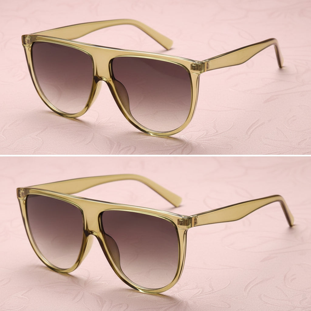 Gold-framed sunglasses with gradient lenses on a white background