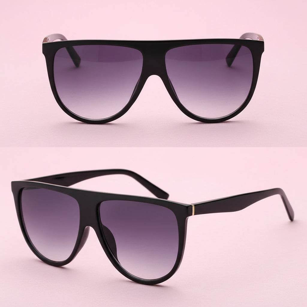 Black sunglasses with gradient purple lenses on a white background